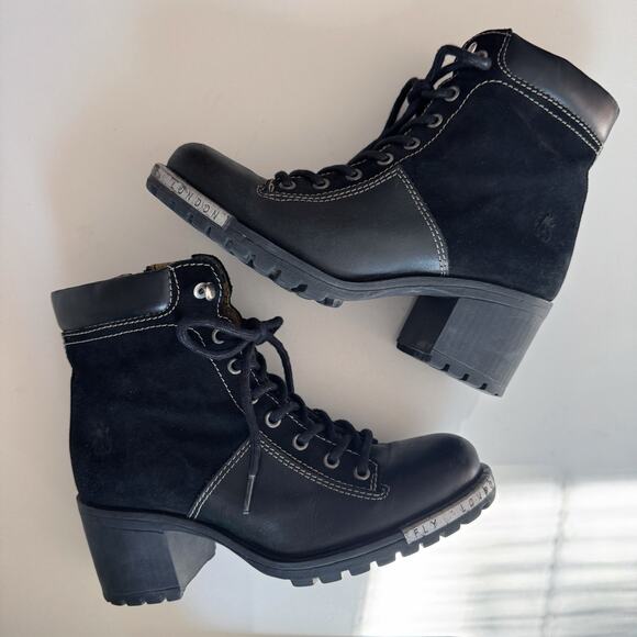 Fly London Black Leather Leal Logger Chunky Heel Combat Boots Size 38/7-7.5 - Picture 4 of 7